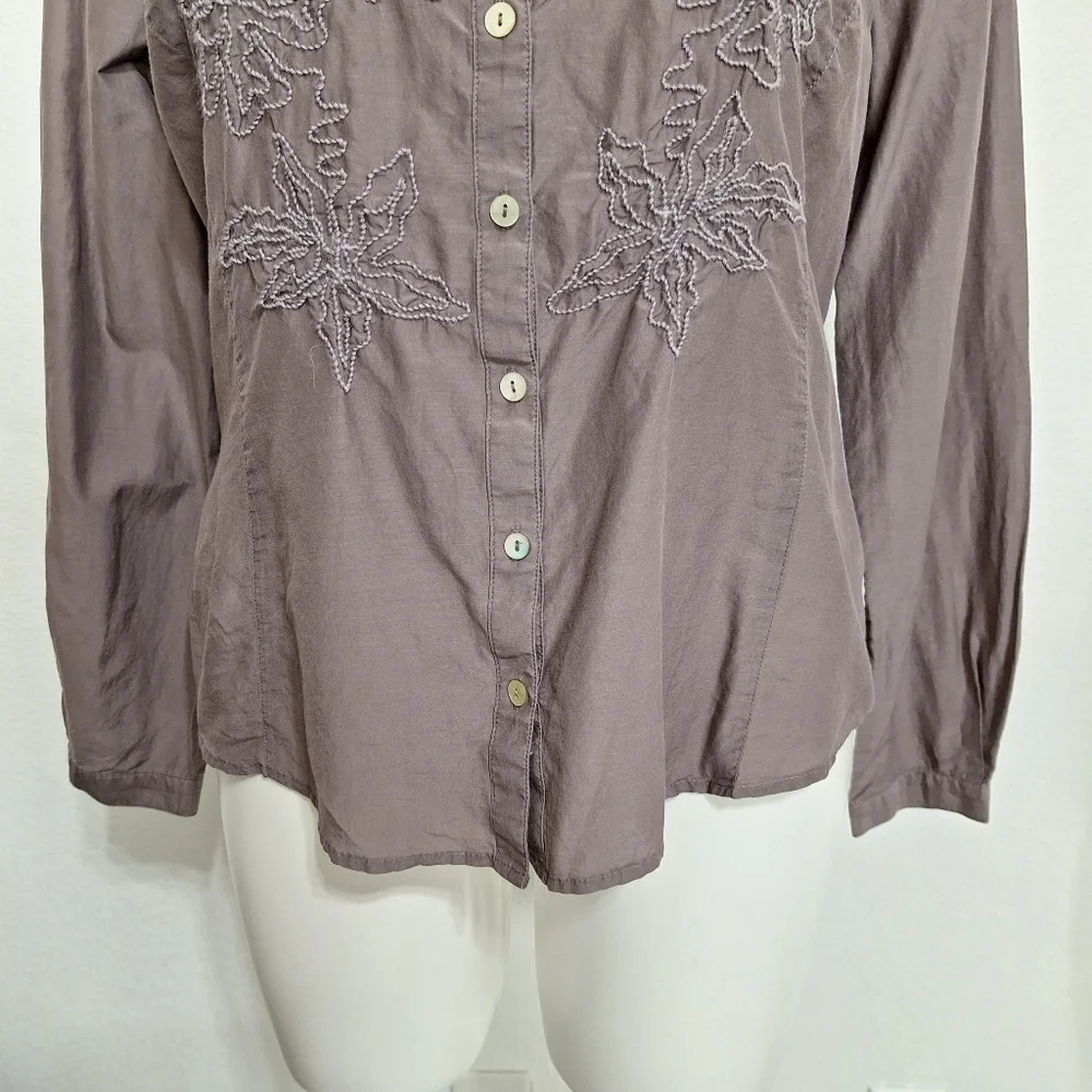 Laura Ashley Taupe/Gray Embroidered Bohemian Button Front Silk Blend Blouse *14
